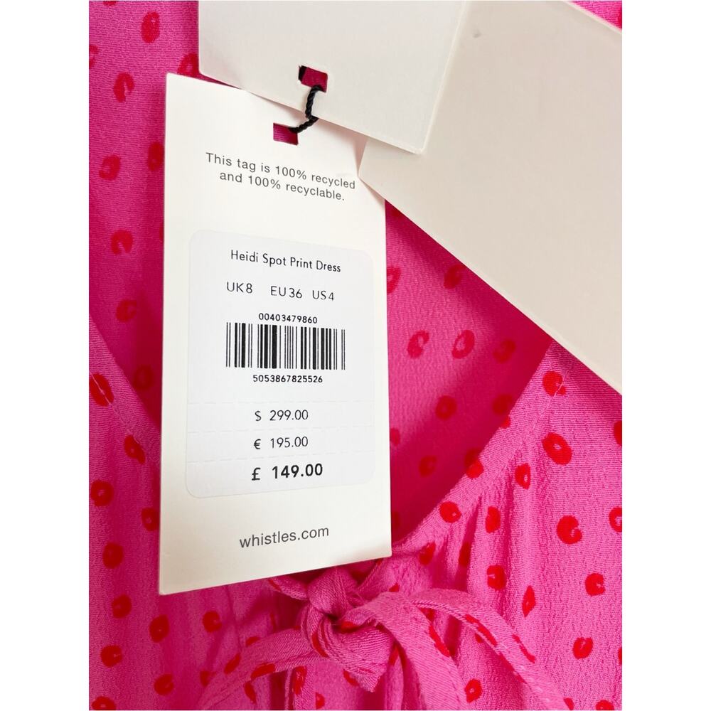 Whistles Heidi Polka Dot Midi Dress Pink Red Spot Print Viscose NWT Sz 4 - Picture 10 of 12